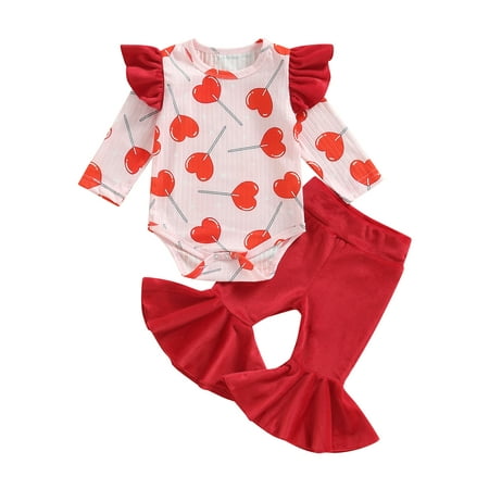 

Blotona Toddler Baby Girls Valentine s Day 2PCS Set Long Sleeve Round Neck Heart Print Romper Tops Bell-Bottoms Pants Casual Outfits