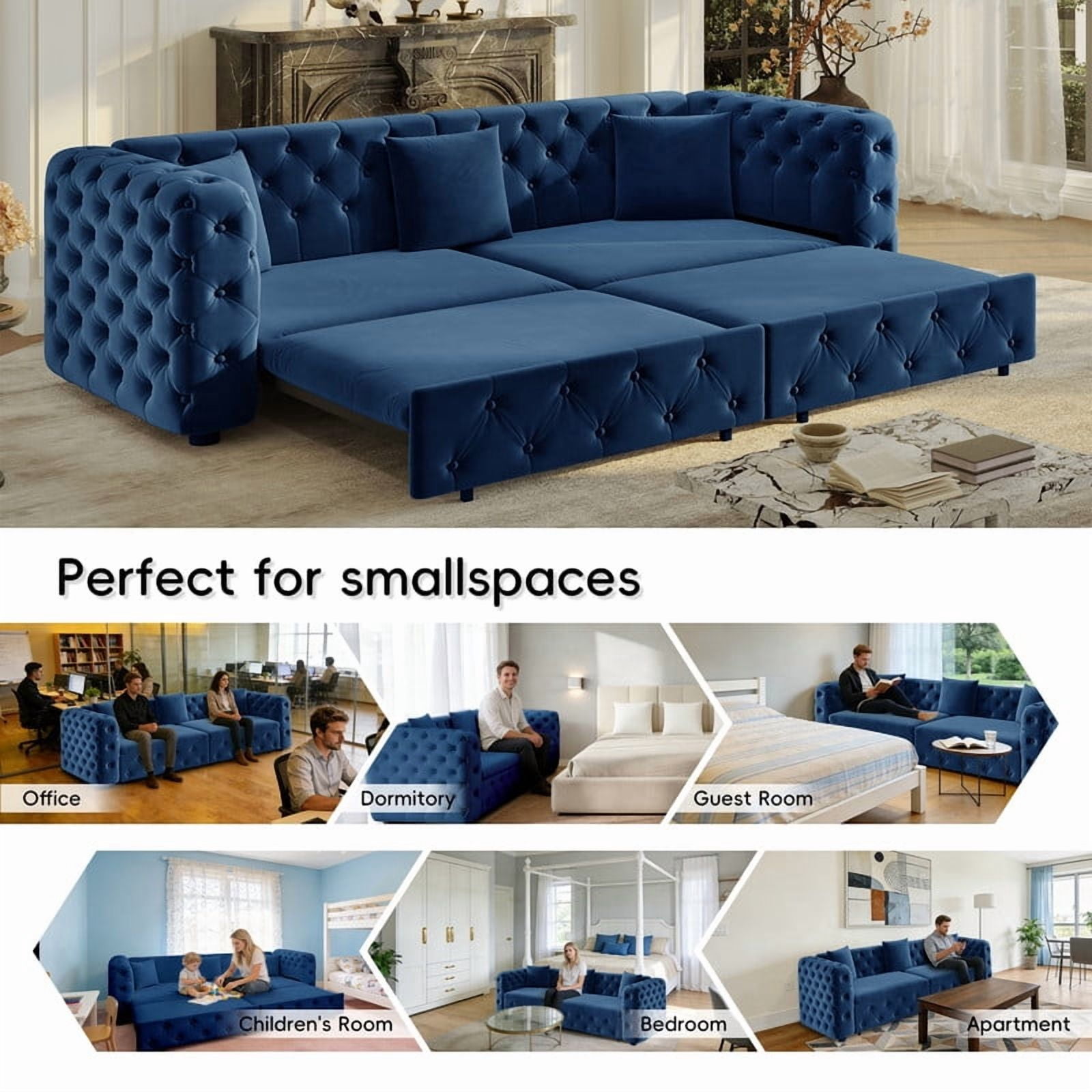 89"W Large 3-in-1 Pull Out Classic Chesterfield Tufted Sofa Bed, 4-Seater Velvet Padded Sleeper Sofa Couch with 3 Throw Pillows