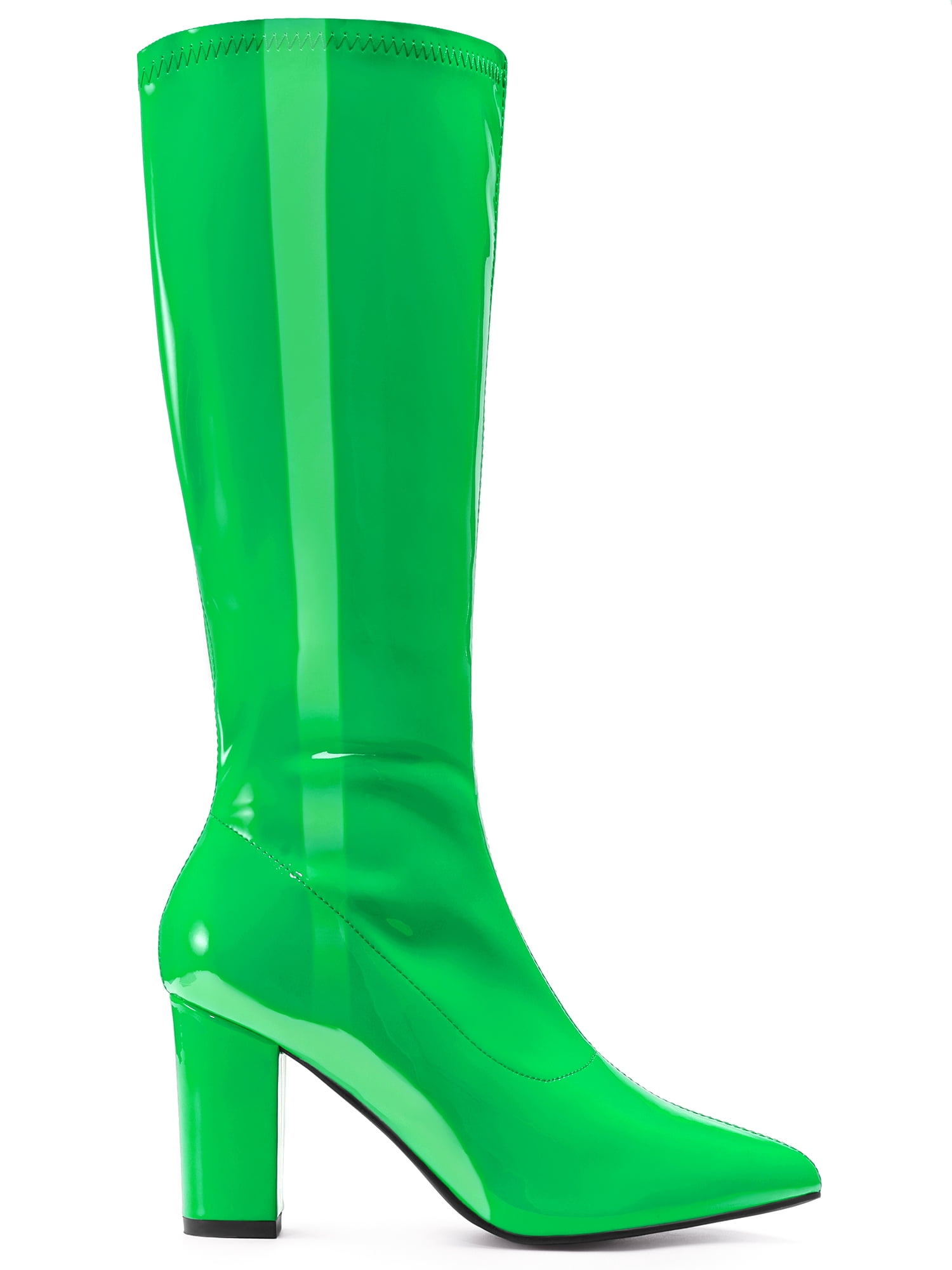 DARING DIVA Women's Go Go Boot Patent Leather Chunky Heels Knee High Boots Green 9