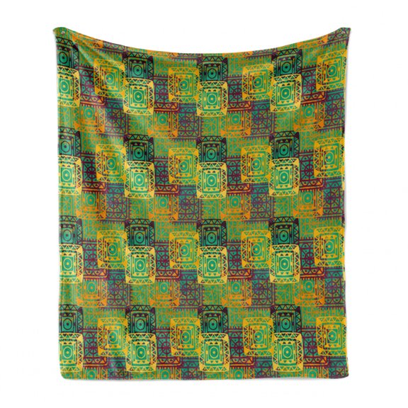 Ethnic Soft Flannel Fleece Throw Blanket, Pattern with Geometric Colorful Trippy Forms Folk Native Image, Cozy Plush for Indoor and Outdoor Use, 60" x 80", Multicolor, by Ambesonne
