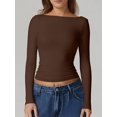 thumbnail image 3 of Womens Crewneck Long Sleeve Shirt Double Lined Basic Tees Side Ruched Going Out Crop Tops Brown XS, 3 of 5
