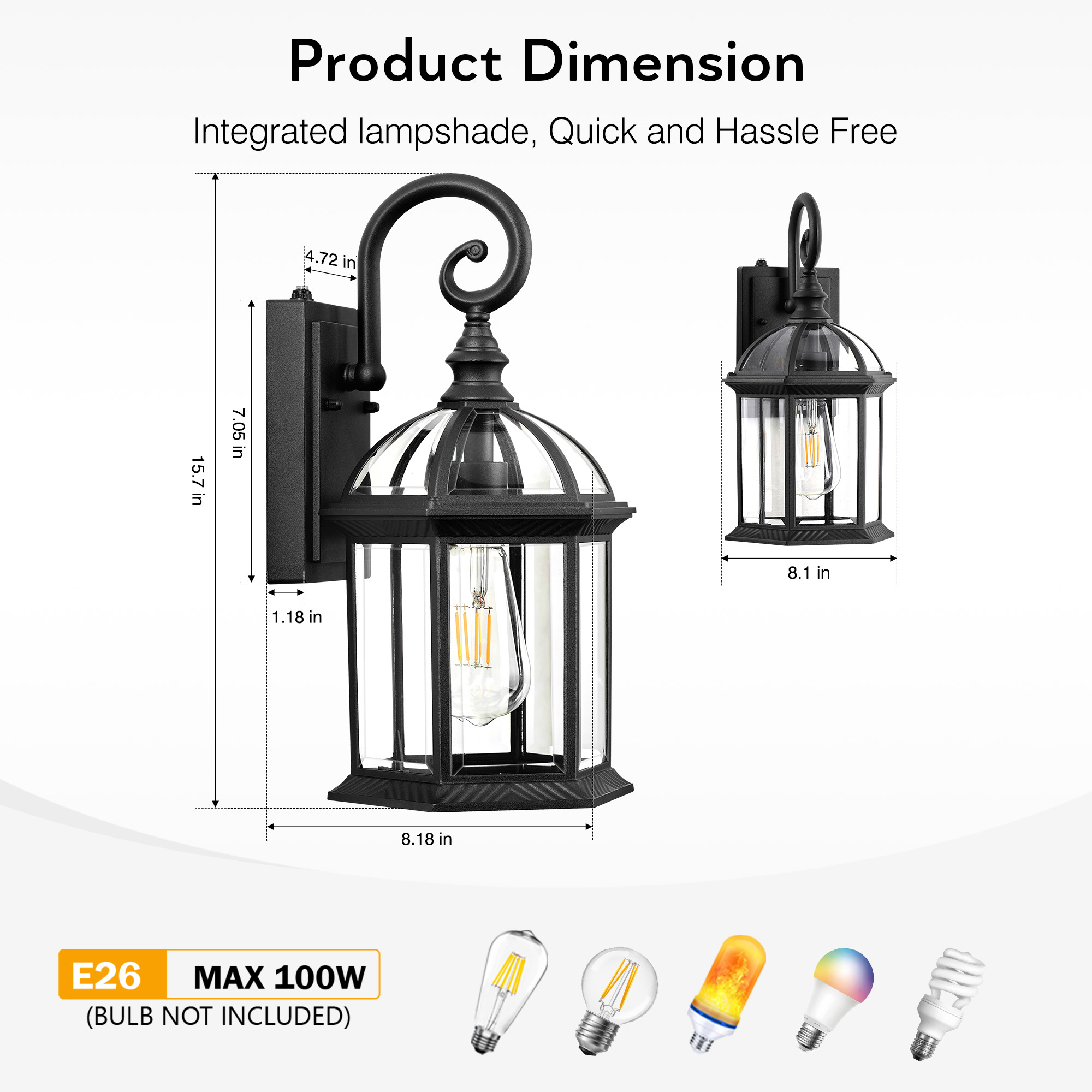 VIANIS 15.7" Large Outdoor Wall Lights, Black Exterior Lighting Fixtures with Tempered Beveled Glass, Anti-Rust Dusk to Dawn Outdoor Lighting for House, Waterproof Outdoor Sconce Lights for Porch