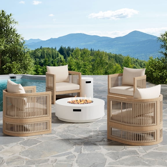 Christopher Knight Home 6PCS Outdoor Conversation Set with Fire Pit Table, 4 Patio Chairs, Tank Holder, Light Teak White