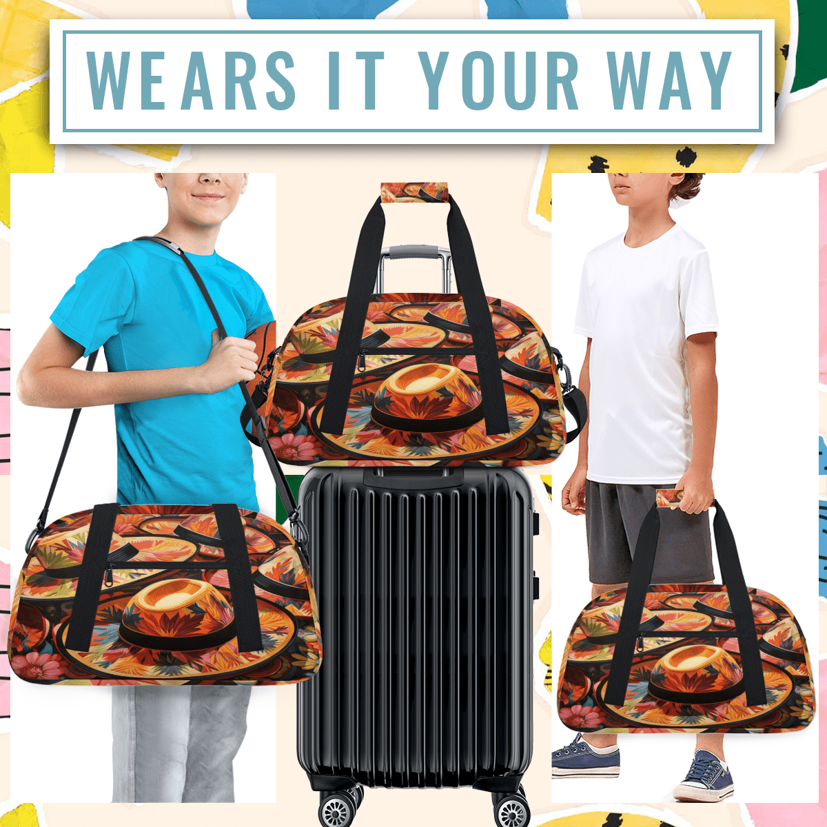 Herdesigns Mexico Cinco de Mayo Sports Duffle Bag for Women & Men, Mexican Holiday Hat Gym Bag Dance Bag Overnight Bag Carry On Weekender Travel Bag