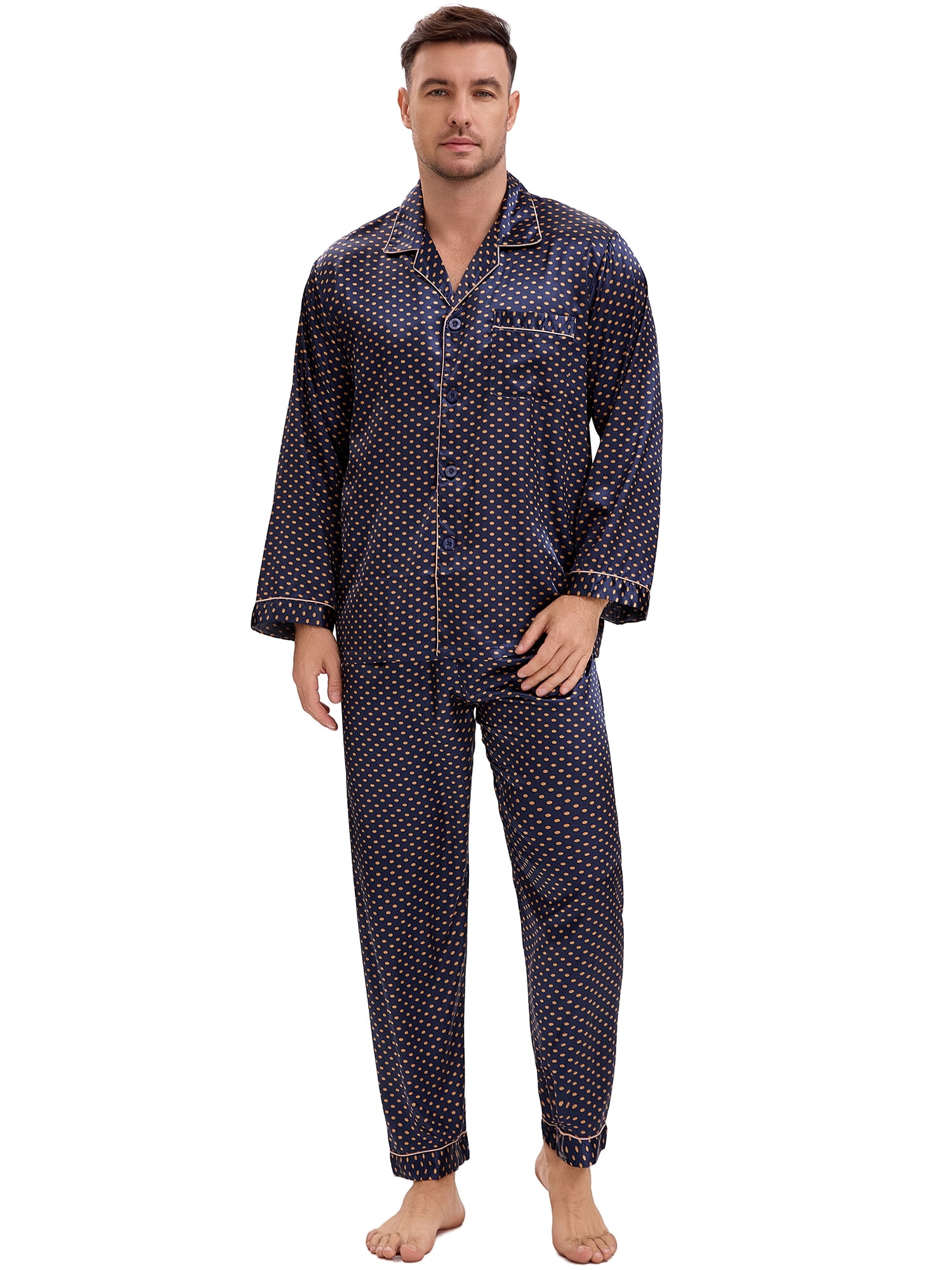 DARING DIVA Men's 2-Piece Button Down Printing Sleepshirt Pajamas Set S Navy Blue