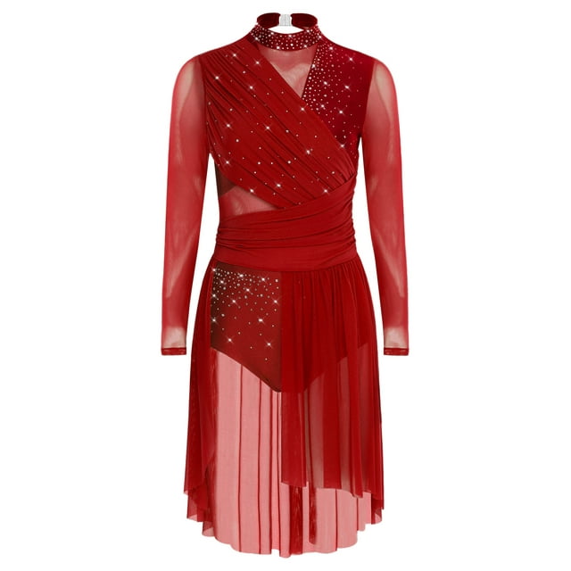 CHICTRY Robe de Danse Lyrique pour Femme Froncée Dos Nu Robes de Patinage Artistique Robe de Danse Moderne Bourgogne P