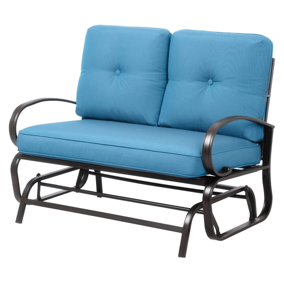 JY QAQA Outdoor Patio Metal Glider Rocking Bench, Garden Porch Furniture Glider, Wrought Iron Chair Set with Cushion, Light Blue