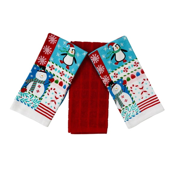 Serafina Home Winter Christmas Kitchen Towels Set: Snowman and Penguin with Candy Canes Gumdrops Holiday Mints (Snow Friends)