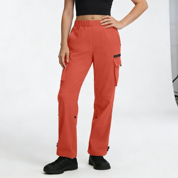 Linen Straight Leg Elastic Waist Cargo Pants for Women Stretchy Quick-Dry Trousers Utility Pockets Adjustable Hem Bottoms Hiking Work-wear