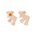 thumbnail image 2 of RUINIXCW Toddler Baby Girl Halloween Outfit Infant Baby Girl Summer Fall Clothes Cute Pumpkin Ghost Embroidery Short Sleeve Plaid Shirt Tops Flared Pants Set, 2 of 9