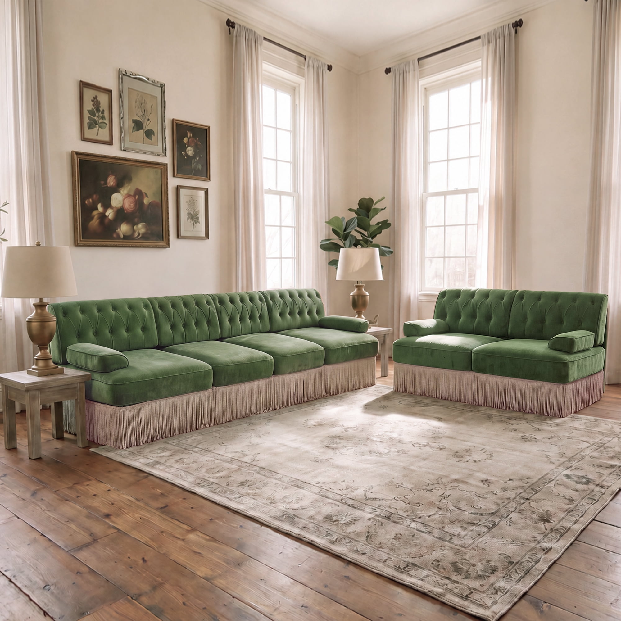 2‑Piece Sectional Sofa Set, 1 Pcs Loveseat & 1 Pcs 135" 4‑Seater Sofa Couch Set with Tassel Skirt