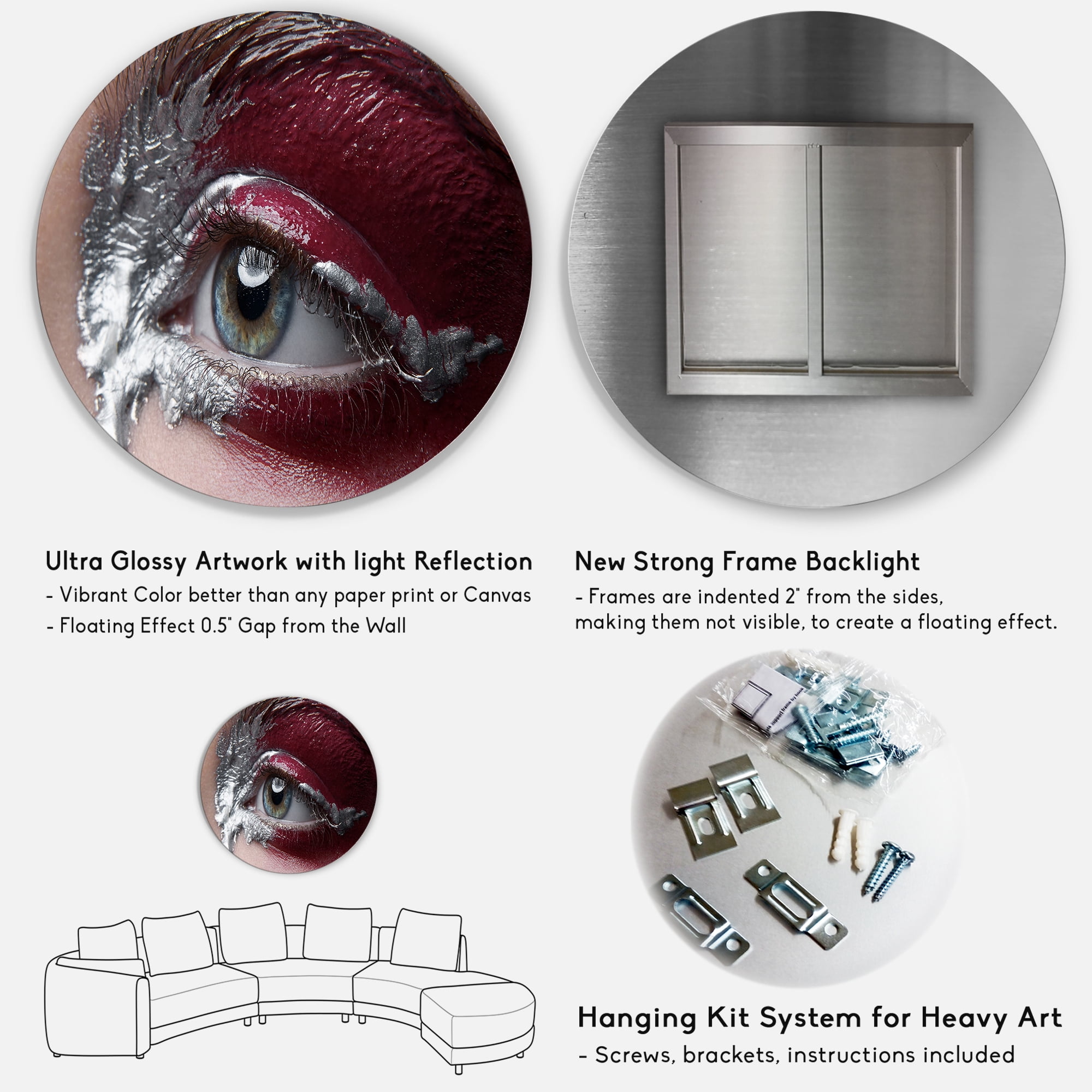 Designart 'Close Up of A Woman Eye With Red Makeup On' Modern Circle Metal Wall Art 23x23 - Disc of 23