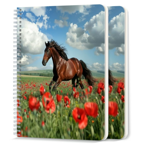 Spiral Notebook,College Ruled Journal,8.26" x 5.71" 50 Sheets/100 Pages,2 Pack - Beautiful Brown Horse Galloping Through Poppy Field