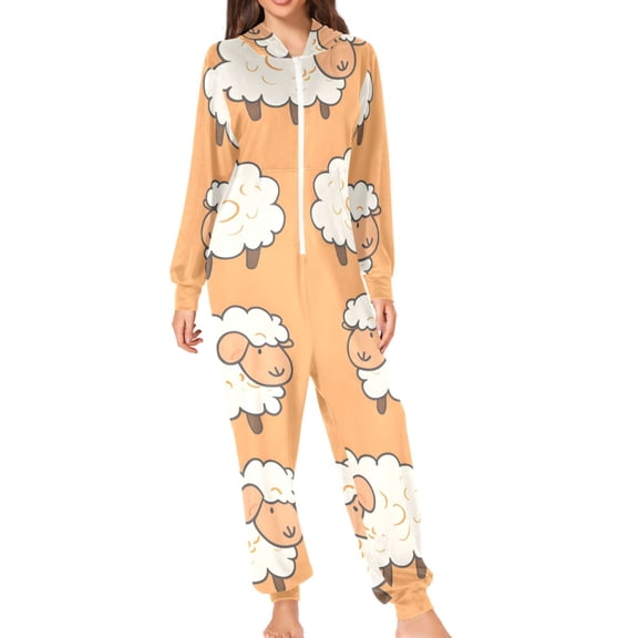 Sheep Pattern Adult's Hoodie Onesie Jumpsuit One-Piece Pajamas with Zipper Unisex for Holiday S