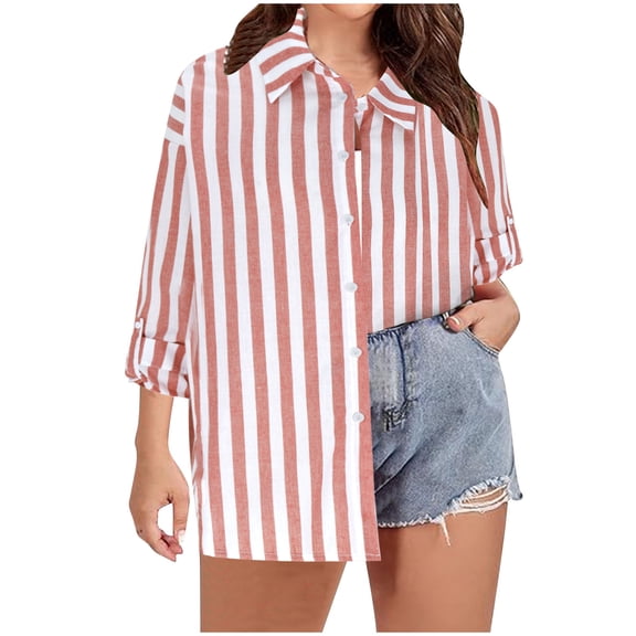 SMihono Women's Summer Loose Button Down Shirts Striped Long Sleeve Collared Blouse Tops Tunic Oversized Shirt Dress Plus Size Clothing Hot Pink XXXL