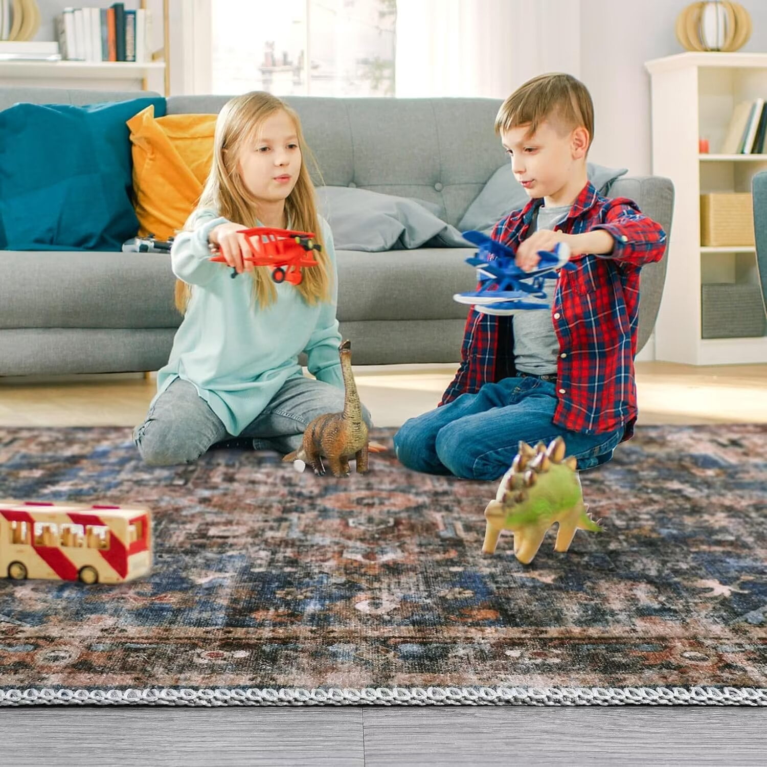 Garvee Area Rug 5'x7' Boho Tribal Area Rug Living Room Rug Distressed Vintage Oriental Area Rugs Low Pile Stain Resistant Rug Soft Foldable Rug Home Decor, Blue/Brown