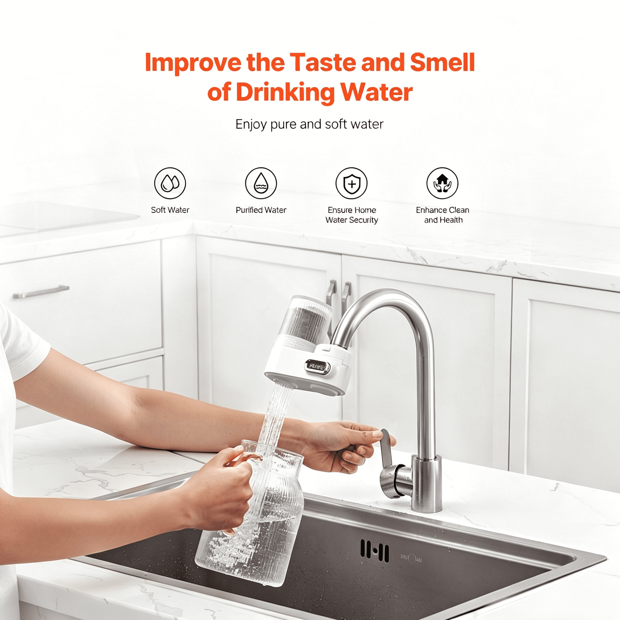 Faucet Mount Water Filter, Vertical Water Purifier for Sink Tap, Carbon Fiber Filter, Removes Chlorine Lead with 3 Filters, Fits Most Kitchen or Bathroom Faucets, White