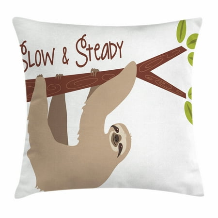 Sloth Throw Pillow Cushion Cover, Cartoon Style Australian Wildlife Mammal on Tree Branch Slow and Steady Phrase, Decorative Square Accent Pillow Case, 16 X 16 Inches, Tan Chesnut Brown, by (Best At Home Tan Australia)