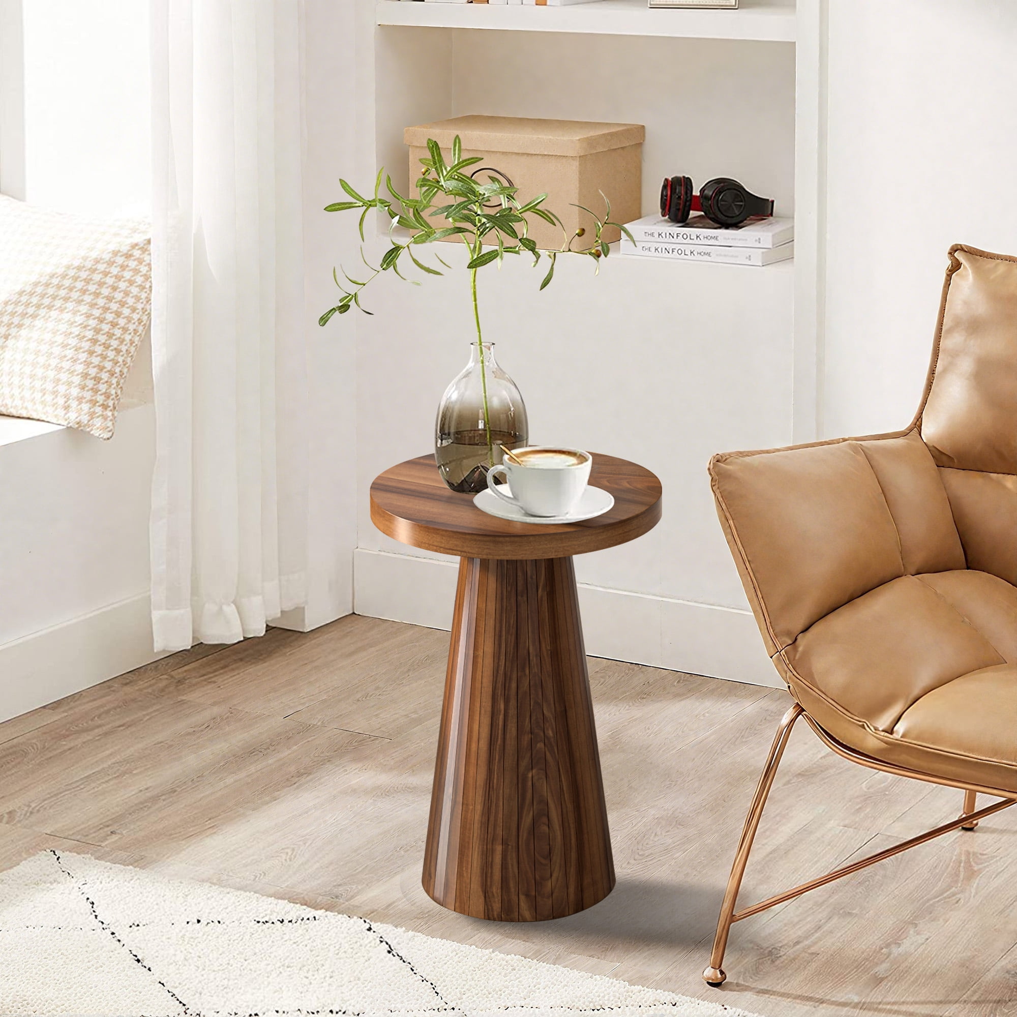 Small Round Pedestal End Table Fluted Drink Table Martini Table Accent Side Table for Living Room