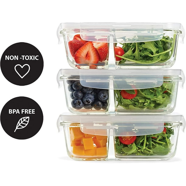 Fit & Fresh Divided Glass Containers, 3-Pack, Two Compartments