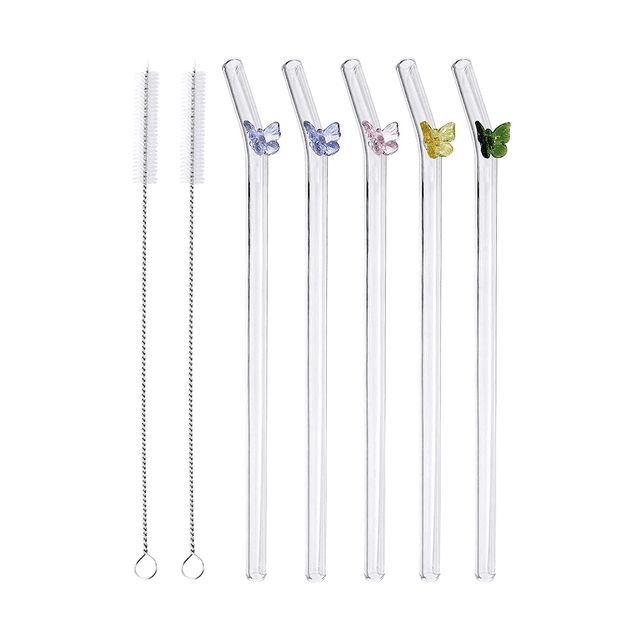 5 Pcs Pailles en Verre Réutilisables, Papillon Coloré sur Pailles Transparentes avec Design Résistant aux Chocs Pailles Courbées