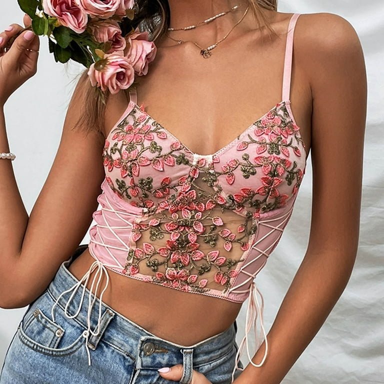 RQYYD Reduced Women's Y2K Crop Bustiers Deep V Neck Floral Lace Embroidery  Cute Cami Crop Top Bralette Tops Drawstring Corset Tops(Pink,S)