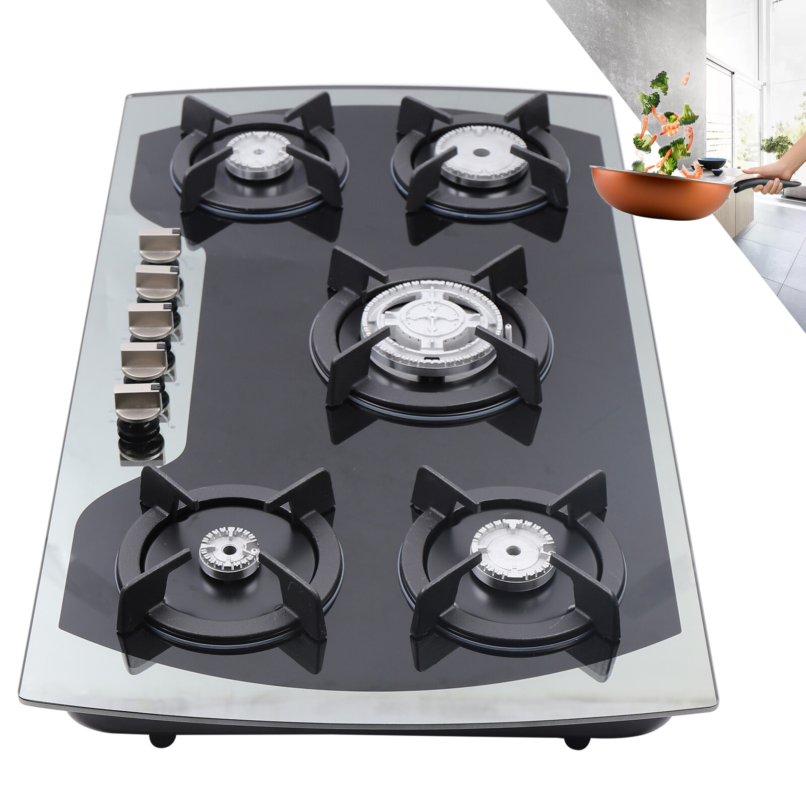 Black&Silver 2000Pa 90*51*6cm Burners Gas Stove Built-In Gas Cooktop Stainless Steel Natural Gas Propane