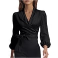thumbnail image 5 of XPMWRP Women's Satin Wrap Blouse Elegant V-Neck Long Puff Sleeve Self-Tie Waist Top Formal Office Work Shirt Black XXL, 5 of 8