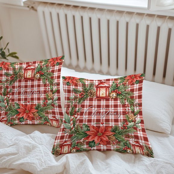 Outdoor Pillow Covers Red Poinsettia Wreath Waterproof Pillow Cases 16x16 Set of 2, Christmas Red White Plaid Throw Pillow Cover Pillowcase for Patio Balcony Couch Garden