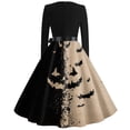 thumbnail image 5 of Halloween Dresses for Women Castle 1950s V-Neck Fashion Swing Dress Witch Hat Printed Long Sleeve Horror Dresses with Belt M, 5 of 5