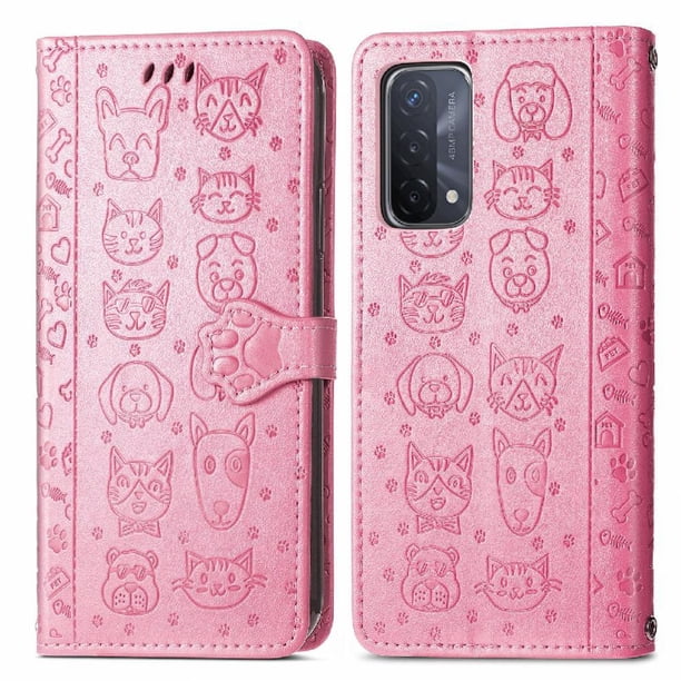 Funda Cartera FOXDOCK para OPPO A54 5G , Flip PU con Relieve de Gatos y Perros, Tarjetero y Soporte
