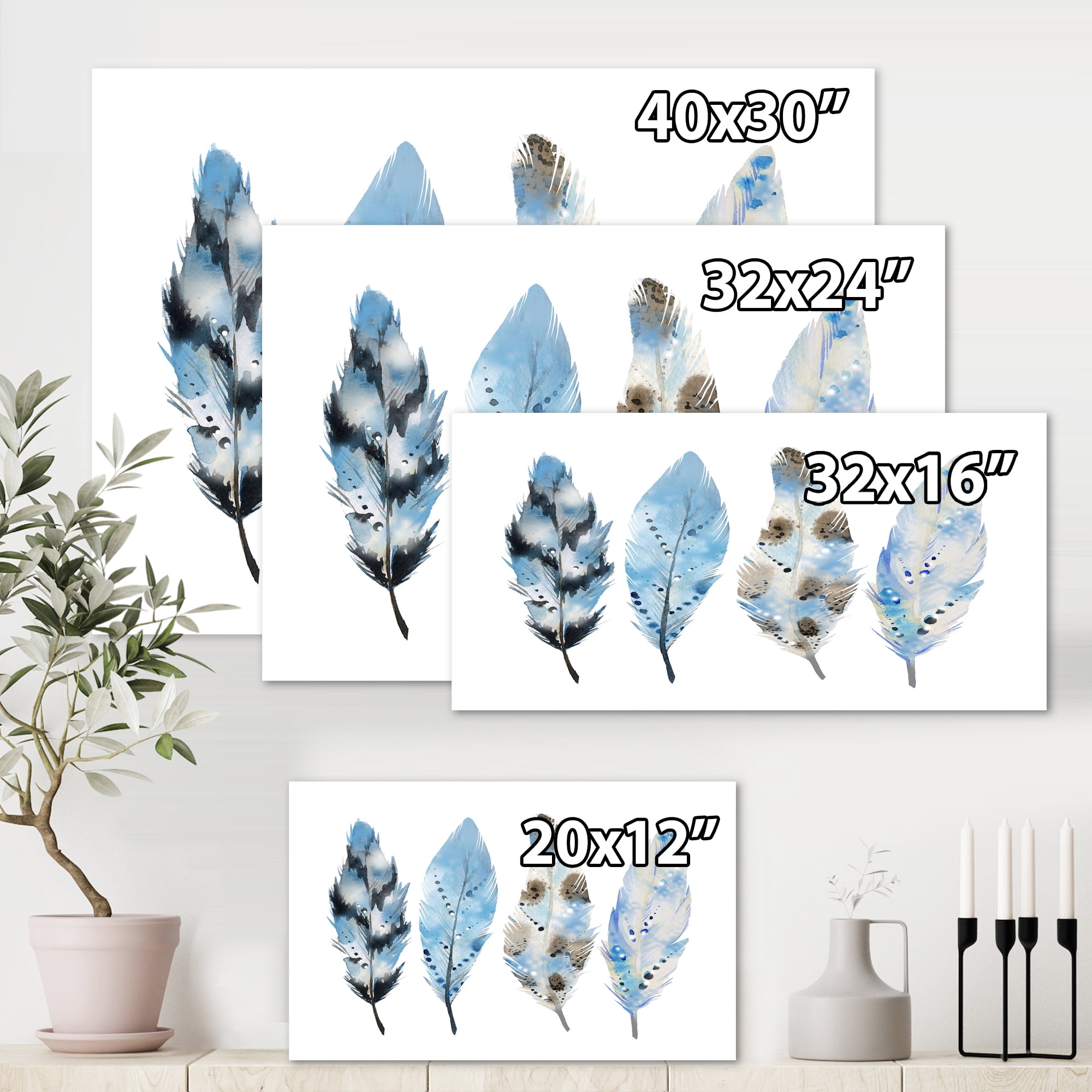 Designart ' Abstract Blue Boho Feathers I ' Bohemian & Eclectic Canvas Wall Art Print