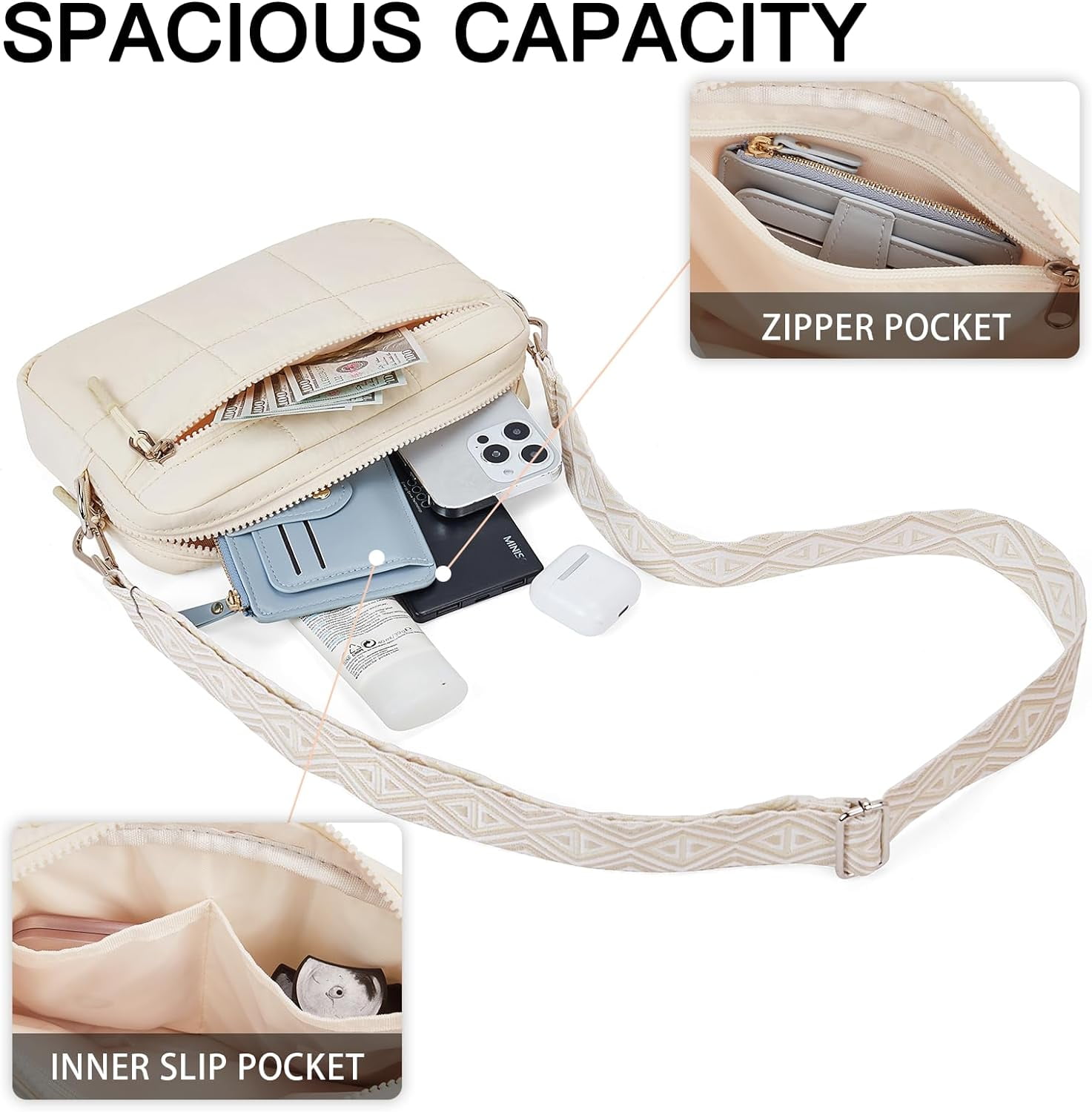 Crossbody Bags for Women Crossbody Purse with Guitar Strap Lightweight Puffer Shoulder Bag for Travel