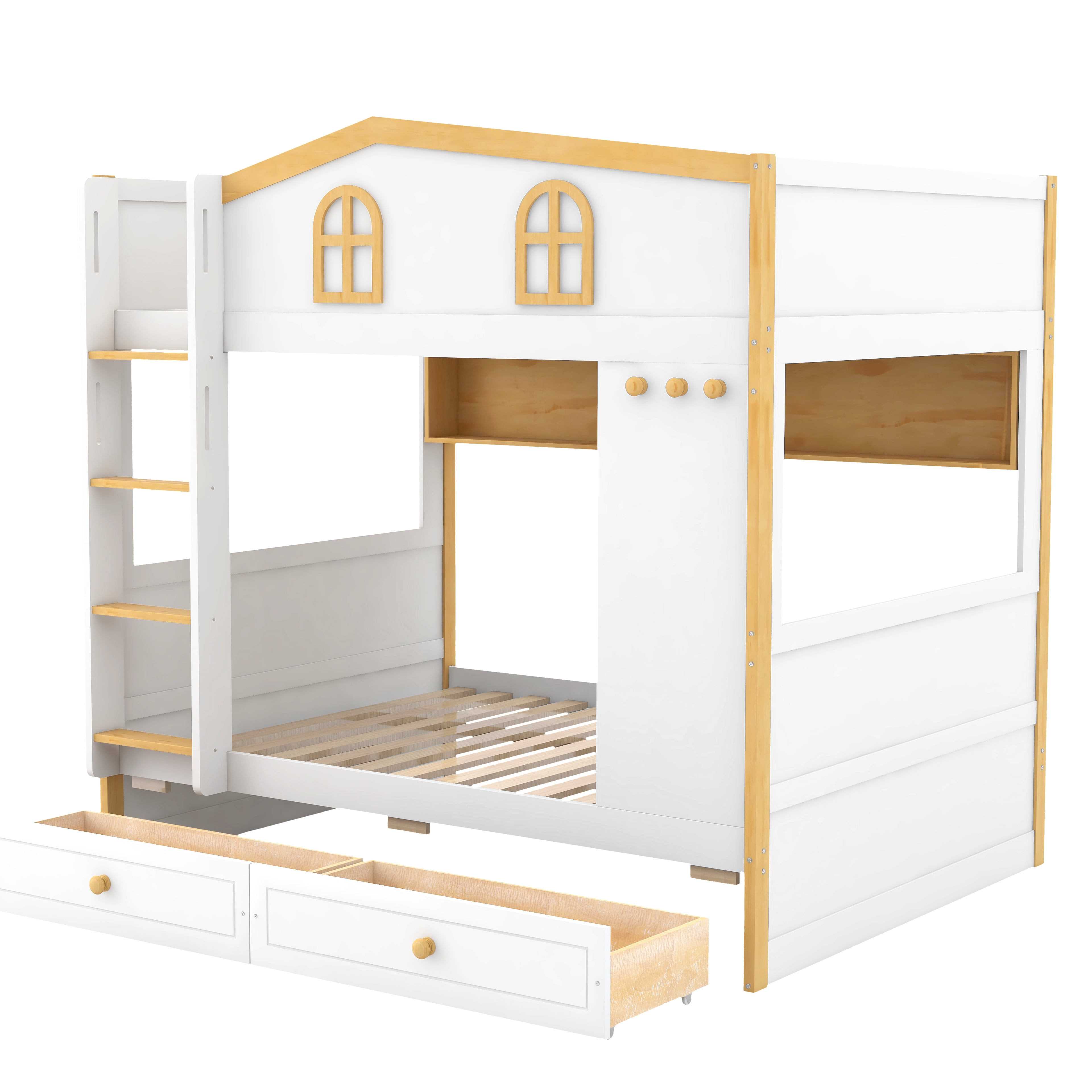 Euroco Wood Full over Full Bunk Bed with Shelves and Drawers, House Bed with Guardrails, White