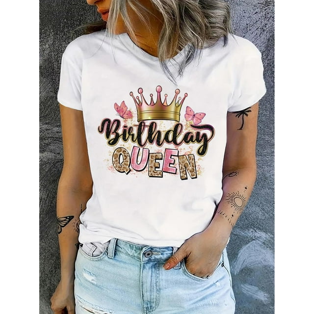 Camiseta informal de manga corta con cuello redondo y estampado de la Reina del Cumpleaños. Ideal para adultos, hombres, mujeres, adolescentes y jóvenes.