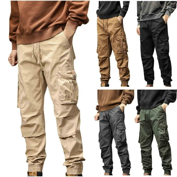 JURANMO Big and Tall Mens Casual Cargo Pants Solid Cotton Multi Pockets Drawtring Waist Hiking Pants Deals of the Day Brown XL