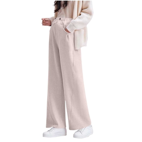 FAVIPT Womens Postpartum Pants Over The Belly Elastic Waist Pants Solid Straight Wide Leg Pant with Drawstring Beige,L