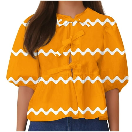 Dovford Women Bow Tie Front Shirt Top Cute Puff Sleeve Y2K Peplum Ruffle Babydoll Blouse Lace Up Summer Going Out 2024