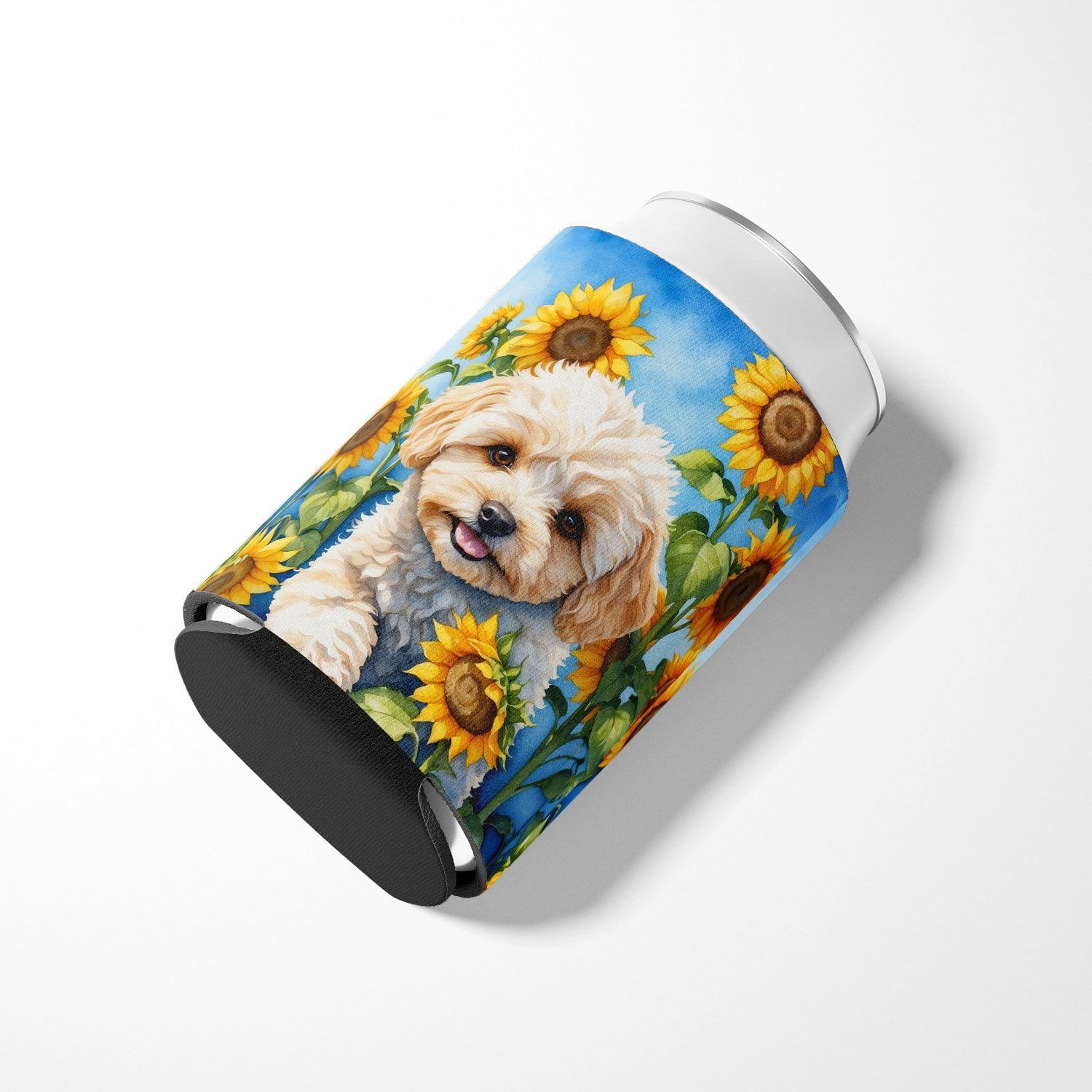 Maltipoo in Sunflowers Can or Bottle Hugger 3 in x 5 in