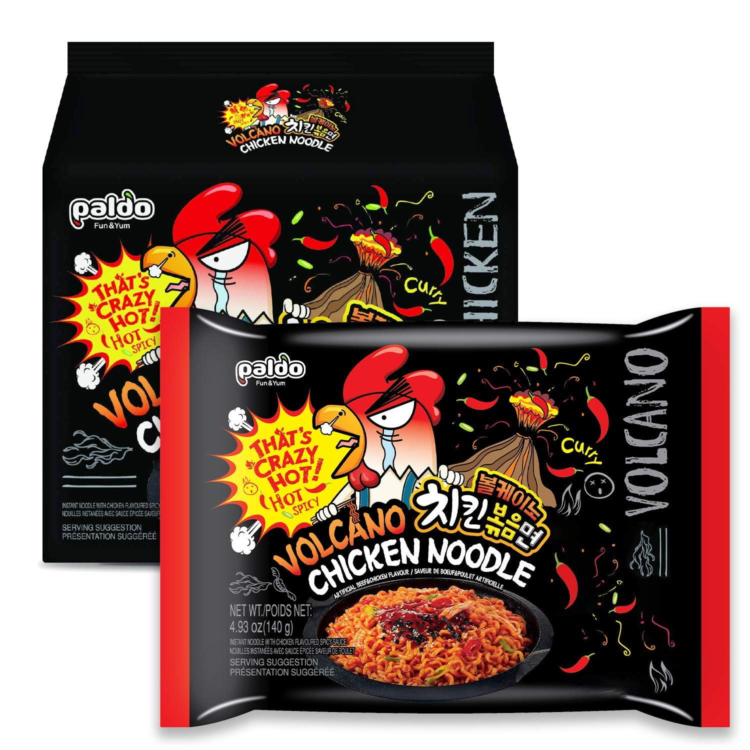 Paldo Volcano Extremely Hot & Spicy Stir Fried Chicken Instant Noodles, Pack of 16, Soupless Original Korean Ramyun, Spicy Ramen Challenge, Chicken Bokkeummyun, 140g x 16 Packs
