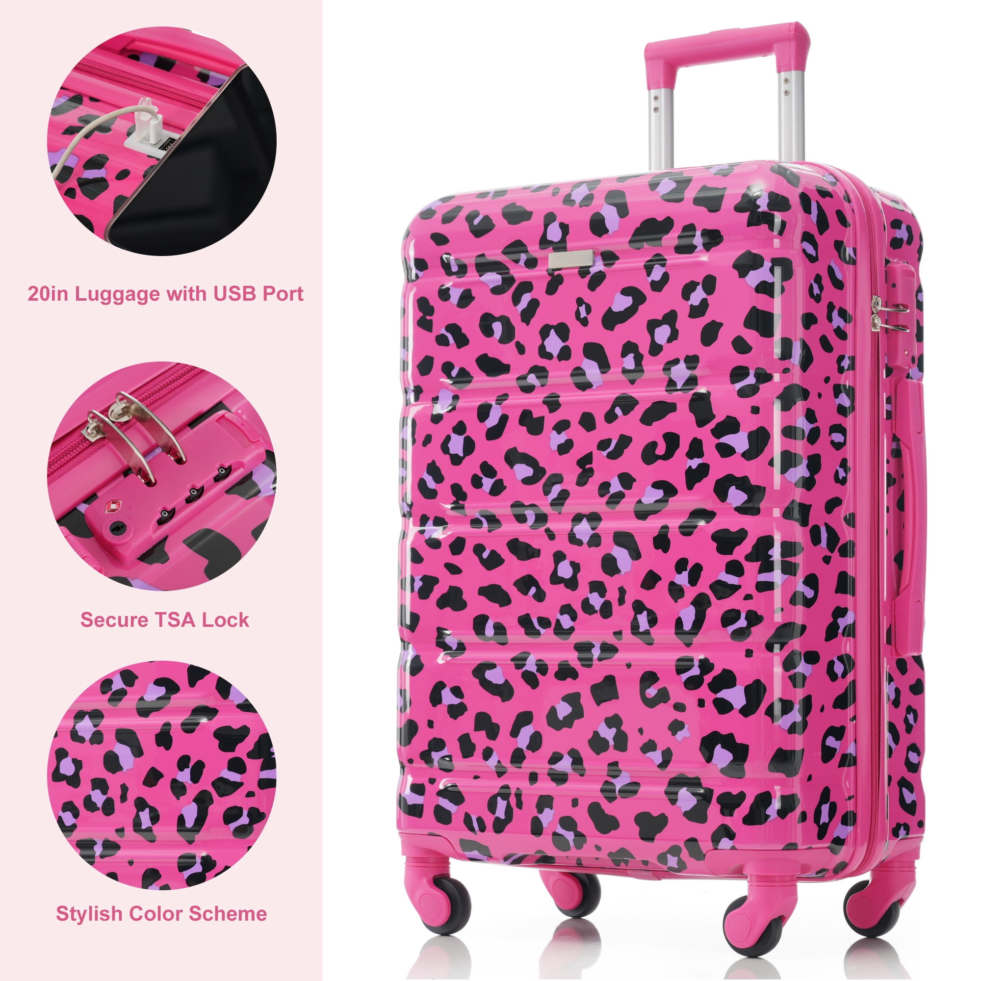 3 Piece Luggage Set, Fuchsia Leopard Print ABS+PC Hard Shell Suitcase, 20 Inch Airline Approved Carry-on with USB Port, Spinner Wheels & Side Hooks