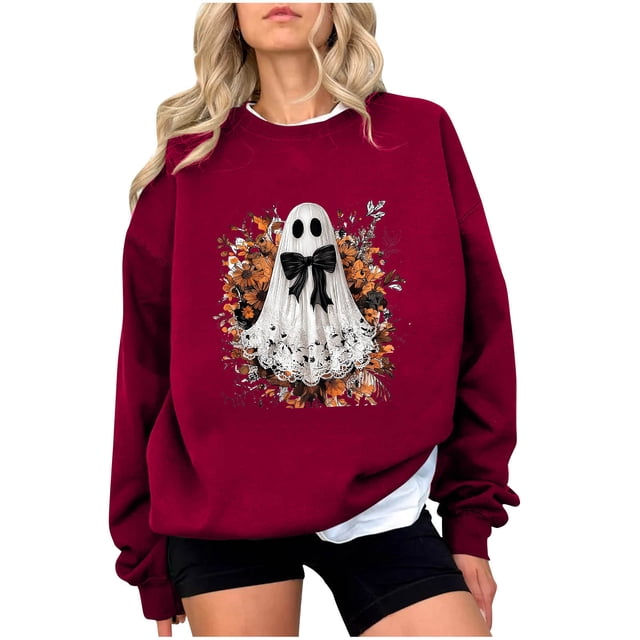 Chandail en Molleton Imprimé Fantôme pour Femmes Chandail Léger et Chaud Blouses Col Rond Manches Longues Ultra Doux Texturé Tenues de Printemps 2025 Chandail Automne Hiver Vêtements