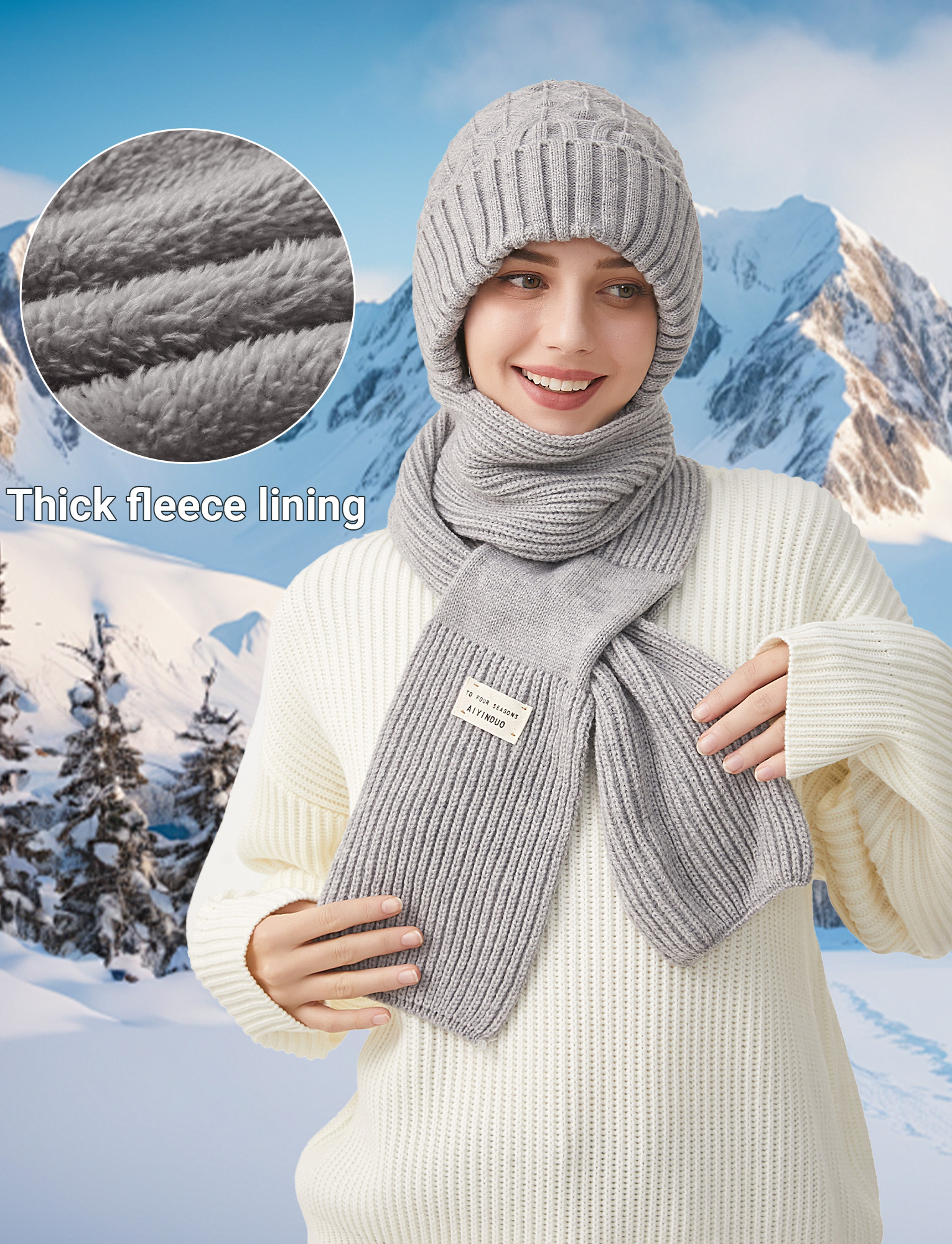 FEOYA Integrated Ear Protection Windproof Cap Scarf Women Fleece Balaclava One-Piece Hat Hood Scarf Beanie Warm Knitted Ski Scarf Hat Gray
