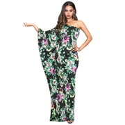 KOH KOH Long Sexy One Off Shoulder Floral Print Floor Length Summer Evening Cocktail Party Flowy Sundress Maxi Dress Gown For Women Pink on Black X-Large US 14-16 NT169_B033