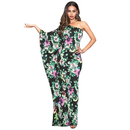 KOH KOH Long Sexy One Off Shoulder Floral Print Floor Length Summer Evening Cocktail Party Flowy Sundress Maxi Dress Gown For Women Pink on Black X-Large US 14-16 NT169_B033