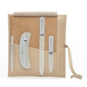 GERMANIKURE Crystal Glass Nail File Set in Beige Leather Case – Handmade in Czech Republic – Professional Manicure & Pedicure Supplies – Glass Cuticle Stick, Pusher, Callous Remover