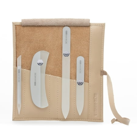 GERMANIKURE Crystal Glass Nail File Set in Beige Leather Case – Handmade in Czech Republic – Professional Manicure & Pedicure Supplies – Glass Cuticle Stick, Pusher, Callous Remover