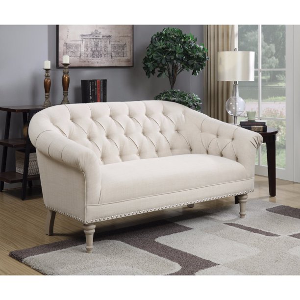 Traditional Settee With Tufting And Pleated Roll Arms, White Walmart
