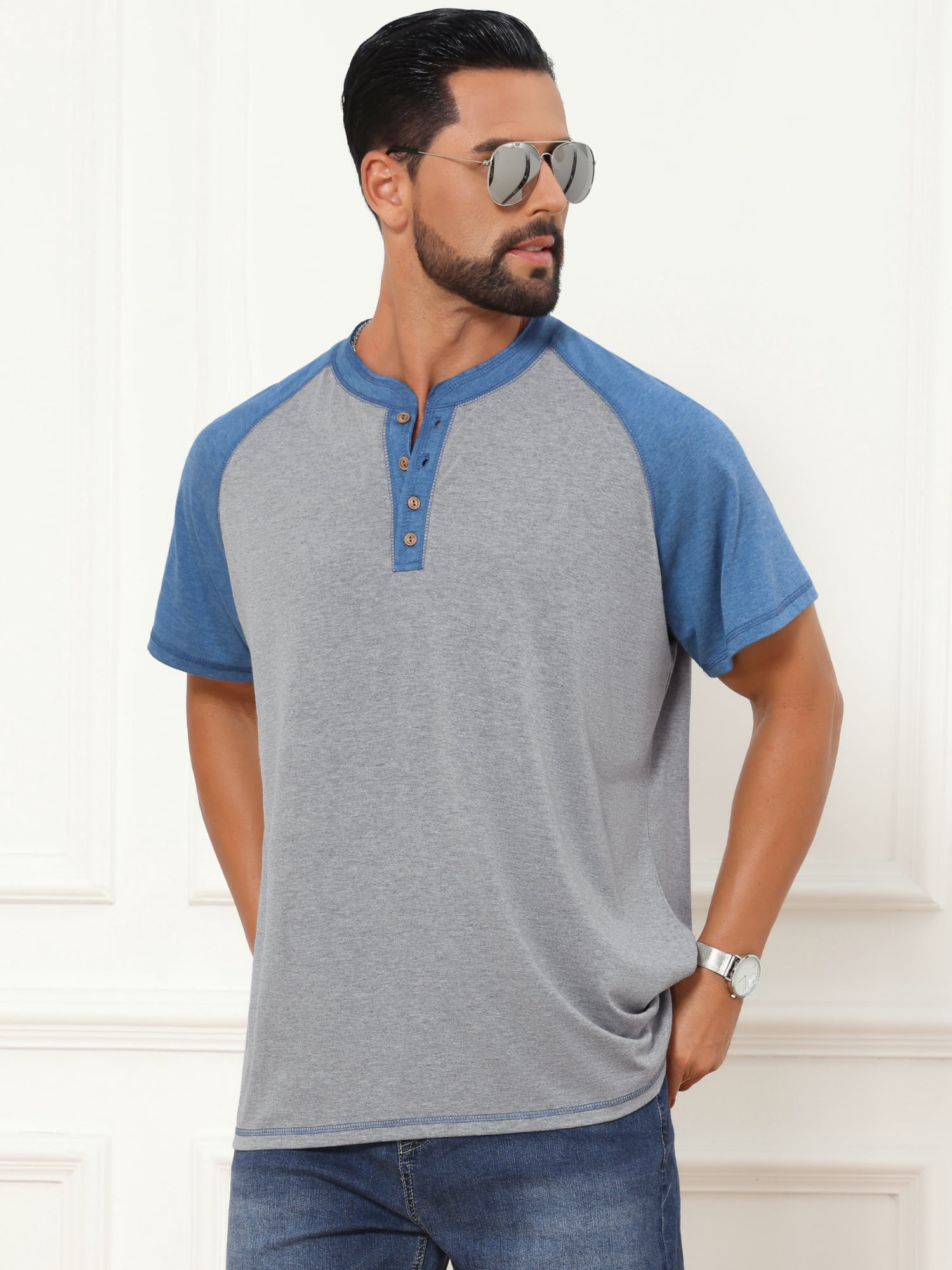 DARING DIVA Men's Raglan Henley Retro Short Sleeve Button Down T-Shirt L Light Gray
