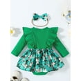 thumbnail image 3 of Infant Girls Irish Festivals Outfits Shamrock Print Round Neck Long Sleeve Patchwork Romper with Bow Headband, 3 of 9